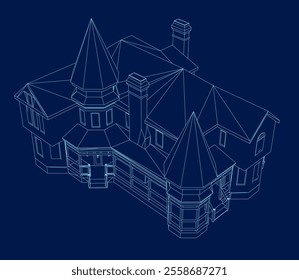 line drawing luxury house building. Contour Home architecture property isolated concept. Vector illustration on blue background