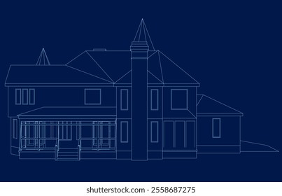 line drawing luxury house building. Contour Home architecture property isolated concept. Vector illustration on blue background