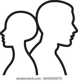 Desenho de linha de perfis masculinos e femininos de volta para trás simbolizando questões de relacionamento ou diferenças de gênero com design minimalista no fundo branco
