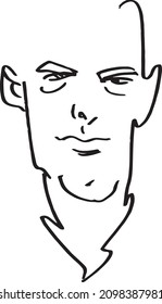 Line drawing of male thug. Black and white vector illustration of bald hitman. 