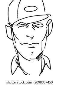 Zeilenzeichnung eines Mannes in einem Baseballhut. Schwarz-Weiß-Vektorgrafik von männlichen mittleren Alters mit einer Kappe.