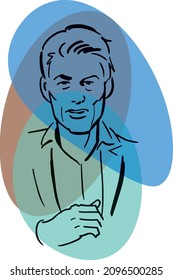 Line drawing of man in blazer with blue and green shapes. Vector illustration.