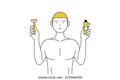 Line drawing of a man depilated, holding a razor blade and hair removal cream