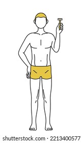 Line drawing of a man with epilated hair, holding a razor blade