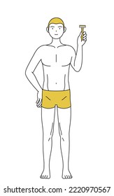 Line drawing of a man with epilated hair, holding a razor blade
