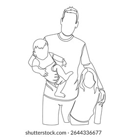 Line drawing of a man holding a baby while standing next to a child. Family concept illustration for parenting, fatherhood, bonding, and family themes.