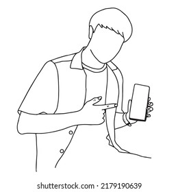 Line drawing of man holding mobile phone vector illustration. Continuous one line drawing. Businessman holding smartphone.