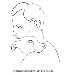 line drawing of a man hugging his dog showing love for her pet, for logos, various designs and posters
