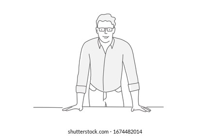 Line drawing of man leaning on the table. Businessman with glasses.