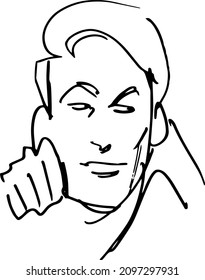 Line drawing of man looking sideways. Vector illustration of man peeking.