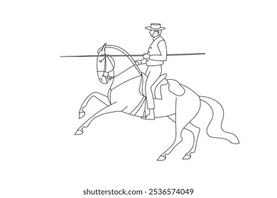 Line drawing of a man on horseback holding a long spear, wearing traditional attire