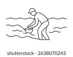 Line drawing man panning for gold in river