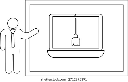 Dibujo de línea de un hombre que presenta una computadora portátil en una pantalla con una Imagen de palo de escoba