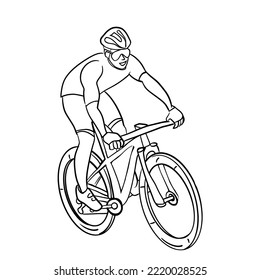 line drawing of a man riding a mountain bike.Isolated vector illustration on a white background.