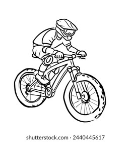 Line drawing of a man riding a mountain bike.Vector illustration isolated on white.