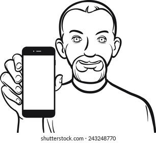 line drawing of a man showing a mobile app on a smart phone