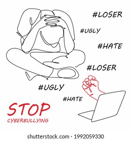 a line drawing of a man sitting on the floor, struggling because of cyberbullying. a fist pointing from a laptop screen on social media is a threat to the victim. Stop the cyberbullying concept, a sad