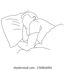 line drawing of a man sleeping in his bed