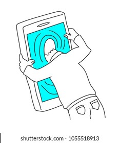 Line drawing of a man sticking his head in the mobile phone. Smart phone, internet and social media addiction, too much use of mobile phone concept.