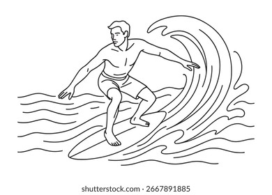 line drawing of man surfing