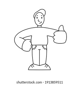 Dibujo de línea. Hombre con los pulgares hacia arriba, gesto de buen humor. Icono aislado. un carácter desproporcionado con manos grandes. 