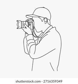 Um desenho de um homem usando um boné e segurando uma câmera