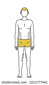 Line drawing of a man who has had his hair removed, pose standing facing forward