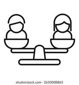 Line drawing of a man and a woman balancing on a scale, representing the concept of gender equality