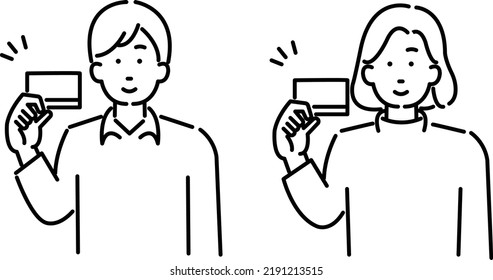 Line drawing of man and woman holding credit cards in their hands.