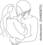 Line drawing of man and woman in love. Hugging, kissing couple in love. Valentine. Wedding logo. Hand drawn without artificial intelligence