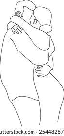 Line drawing of man and woman in love. Hugging, kissing couple in love. Valentine. Wedding logo. Hand drawn without artificial intelligence