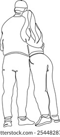 Line drawing of man and woman in love. Hugging, kissing couple in love. Valentine. Wedding logo. Hand drawn without artificial intelligence