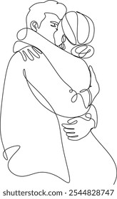 Line drawing of man and woman in love. Hugging, kissing couple in love. Valentine. Wedding logo. Hand drawn without artificial intelligence