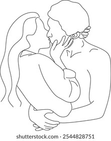 Line drawing of man and woman in love. Hugging, kissing couple in love. Valentine. Wedding logo. Hand drawn without artificial intelligence