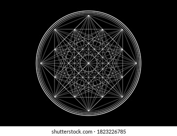 Line drawing mandala, sacred geometry, white logo design element. Geometric mystic mandala of alchemy esoteric symbol, vector illustration isolated on black background