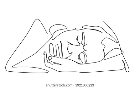 a line drawing of a man's face resting on a woman's arm. The concept of bad mood, high temperature, mental health, the concept of psychology. A woman's hand helps a man get rid of emotional problems