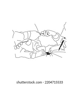 Dibujo en línea de muchos médicos ayudando a operar en pacientes. y recoger equipos para cada uno de ellos