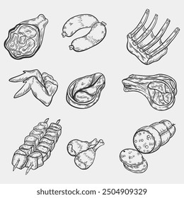 Line drawing of meat. Set of meat and meat products for label, sign, banner, sticker, advertisement. Vector black paint outline food sketch illustration with juicy piece of meat for healthy eating. Ve