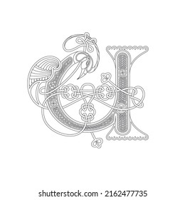 Line Drawing of a Medieval Initial Letter U combining animal body parts from a Swan and endless Celtic knot ornaments