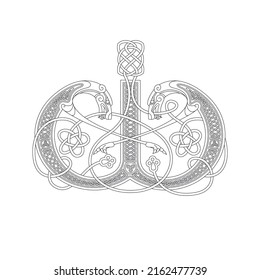 Line Drawing Of A Medieval Initial Letter W Combining Animal Body Parts From Dogs And Endless Celtic Knot Ornaments