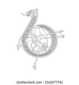 Line Drawing of a Medieval Initial Letter B combining animal body parts from an Lion and endless Celtic knot ornaments