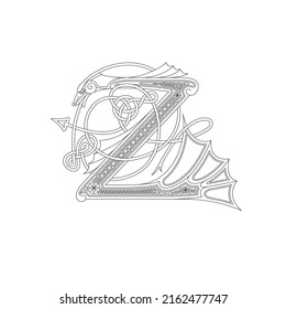 Line Drawing of a Medieval Initial Letter Z combining animal body parts from a Dog and A Dragon with endless Celtic knot ornaments