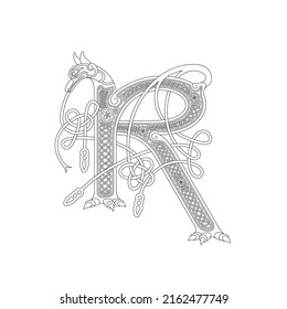 Line Drawing Of A Medieval Initial Letter R Combining Animal Body Parts From A Jackal And Endless Celtic Knot Ornaments