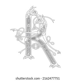 Line Drawing Of A Medieval Initial Letter K Combining Animal Body Parts From Dogs And Endless Celtic Knot Ornaments