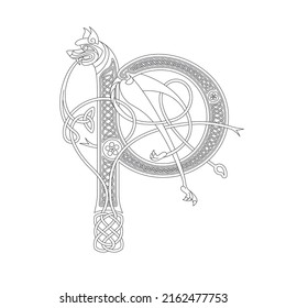 Line Drawing Of A Medieval Initial Letter P Combining Animal Body Parts From A Dog And Endless Celtic Knot Ornaments