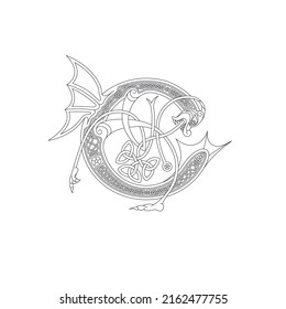 Line Drawing of a Medieval Initial Letter C combining animal body parts from a Dog and a Dragon with endless Celtic knot ornaments