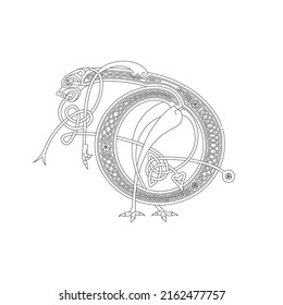 Line Drawing Of A Medieval Initial Letter D Combining Animal Body Parts From A Dog And Endless Celtic Knot Ornaments