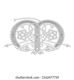 Line Drawing Of A Medieval Initial Letter M Combining Animal Body Parts From Vultures And Endless Celtic Knot Ornaments