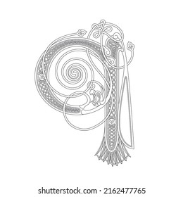 Line Drawing Of A Medieval Initial Letter Q Combining Animal Body Parts From A Parrot And Endless Celtic Knot Ornaments