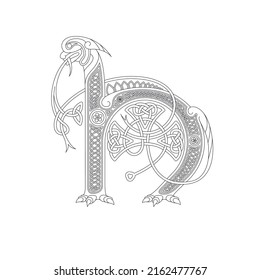 Line Drawing of a Medieval Initial Letter H combining animal body parts from a Dog and a Dinosaur with endless Celtic knot ornaments